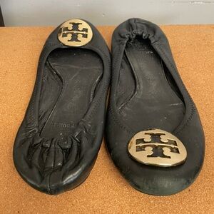 Tory Burch Black Leather Ballet Flats with Gold Logo Medallion